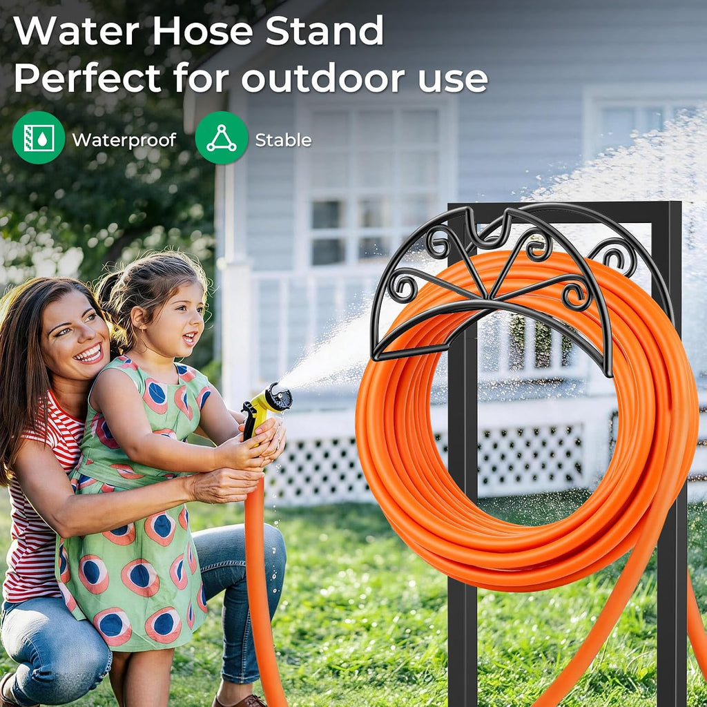 Garden Hose Holder, Heavy Duty Stand for 160FT Hose with 4 Spikes | Thick Metal Frame, 250 Lbs Load Capacity, Dual-Layer Powder Coating for Outdoor Durability, Nozzle Grooves, Easy Assembly