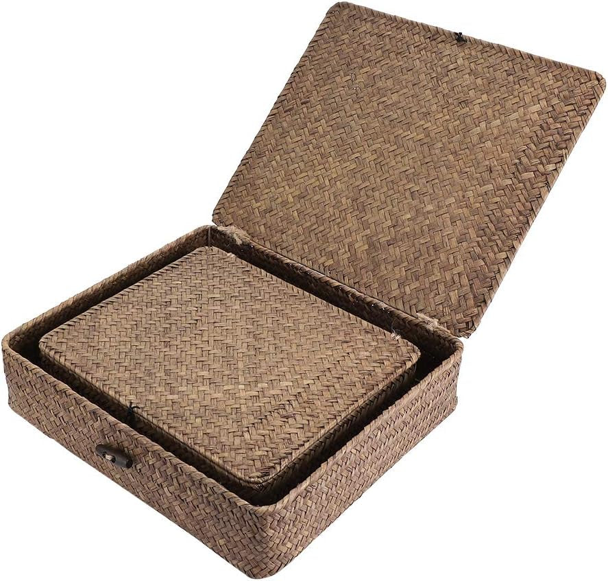 Set of 2 Flat Woven Wicker Storage Bins with Lid Seagrass Basket | Natural Decorative Baskets Multipurpose Home Boxes for Shelf Organizer Home Decor (Coffee)