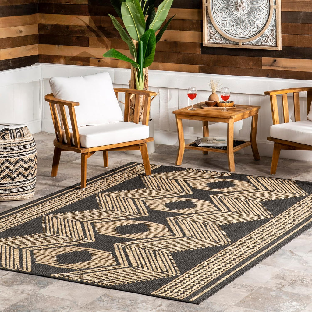Ranya Dark Grey Geometric Indoor/Outdoor Area Rug, 5' X 8'