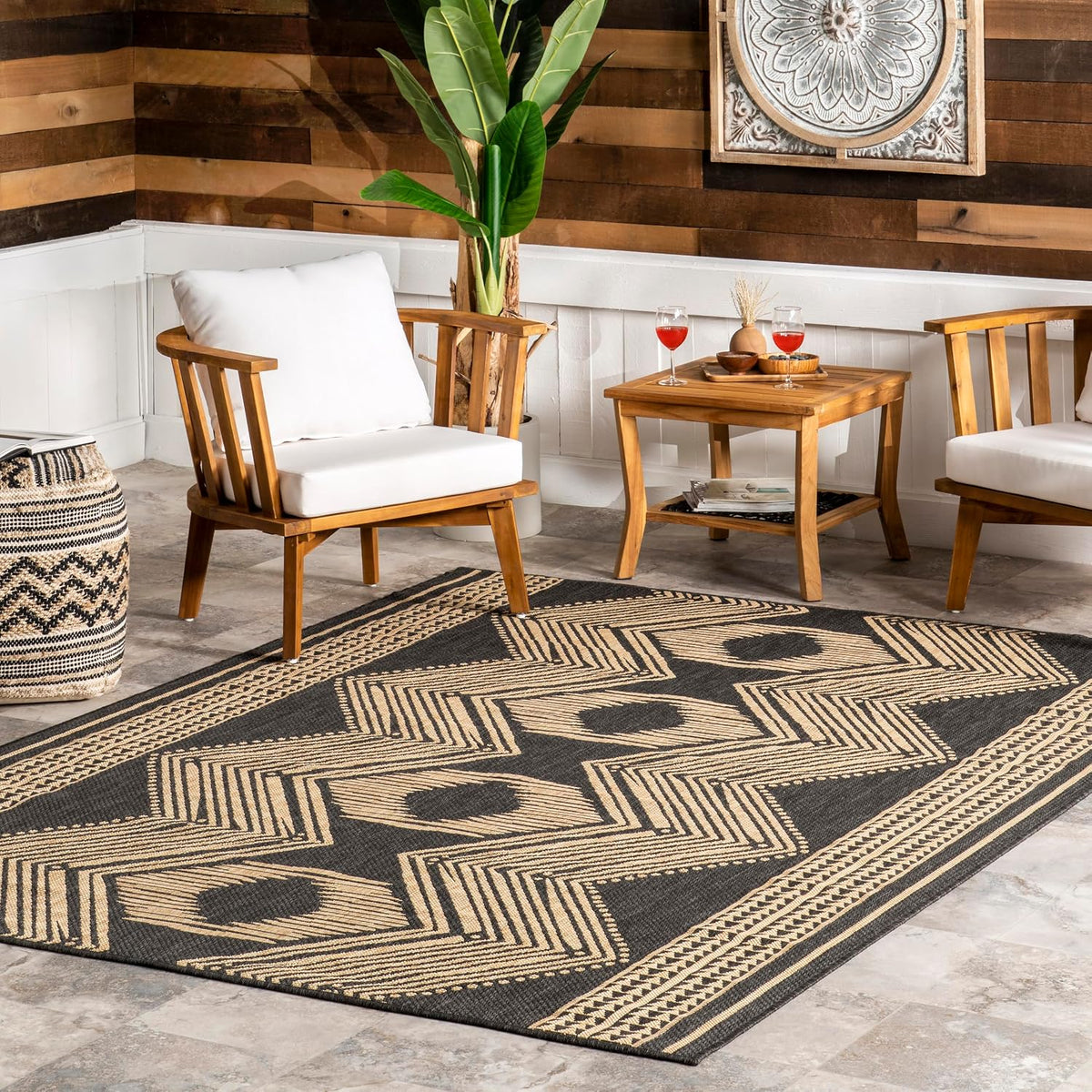 Ranya Dark Grey Geometric Indoor/Outdoor Area Rug, 5' X 8'