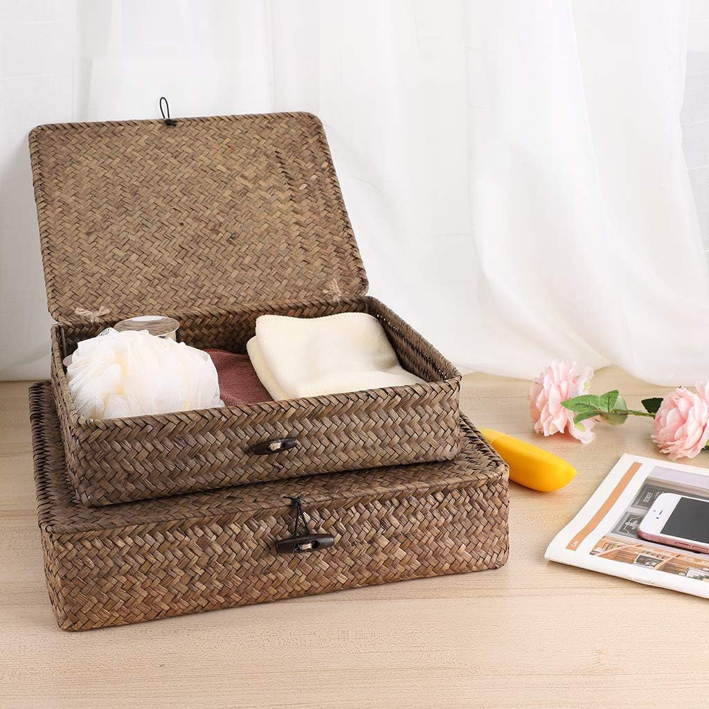Set of 2 Flat Woven Wicker Storage Bins with Lid Seagrass Basket | Natural Decorative Baskets Multipurpose Home Boxes for Shelf Organizer Home Decor (Coffee)