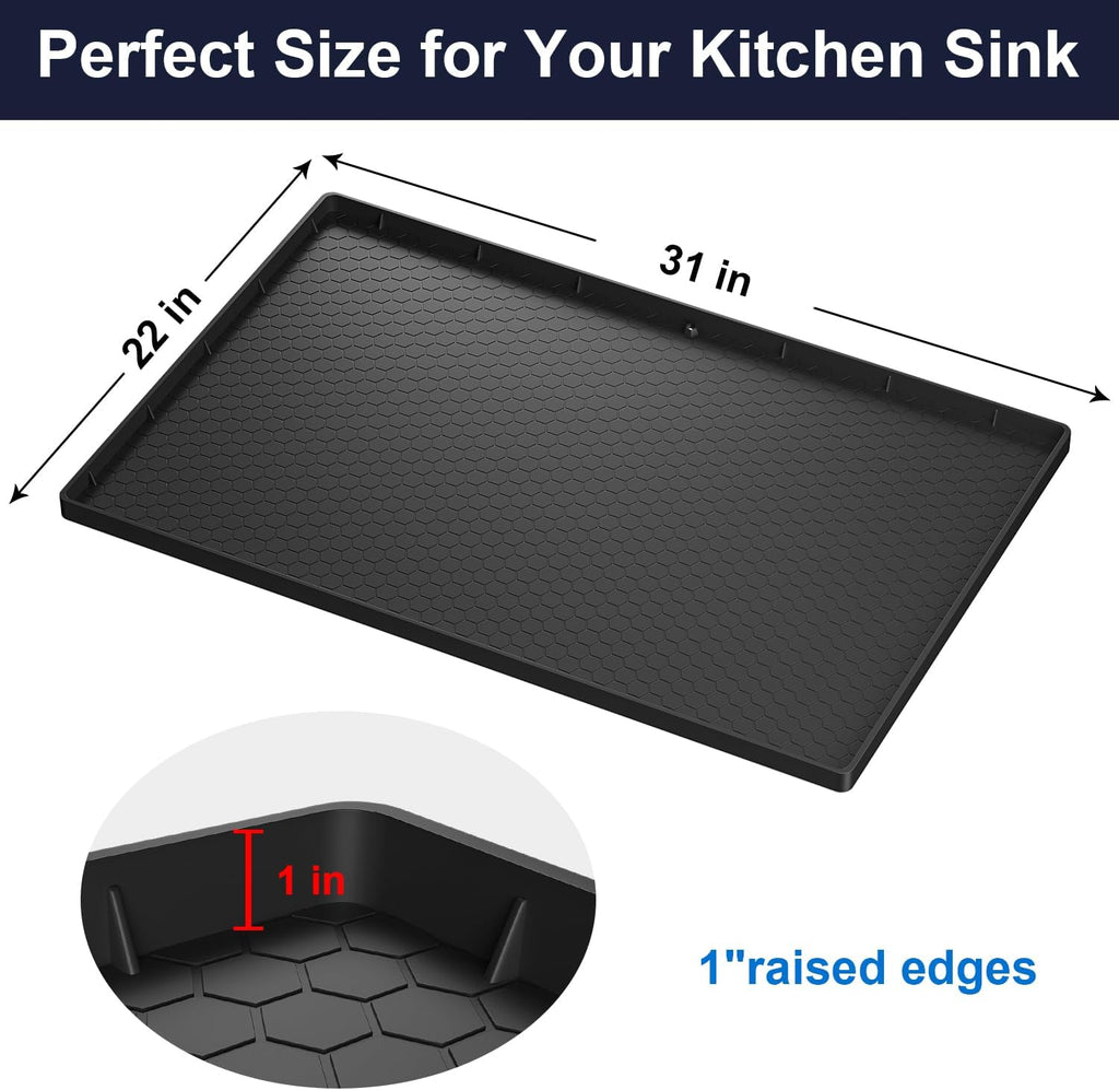 Under Sink Mat - 31" X 22" Waterproof Kitchen Cabinet Mat - Flexible Silicone under Sink Liner - Kitchen Bathroom Cabinet Mat and Protector for Drips Leaks Spills (Black)