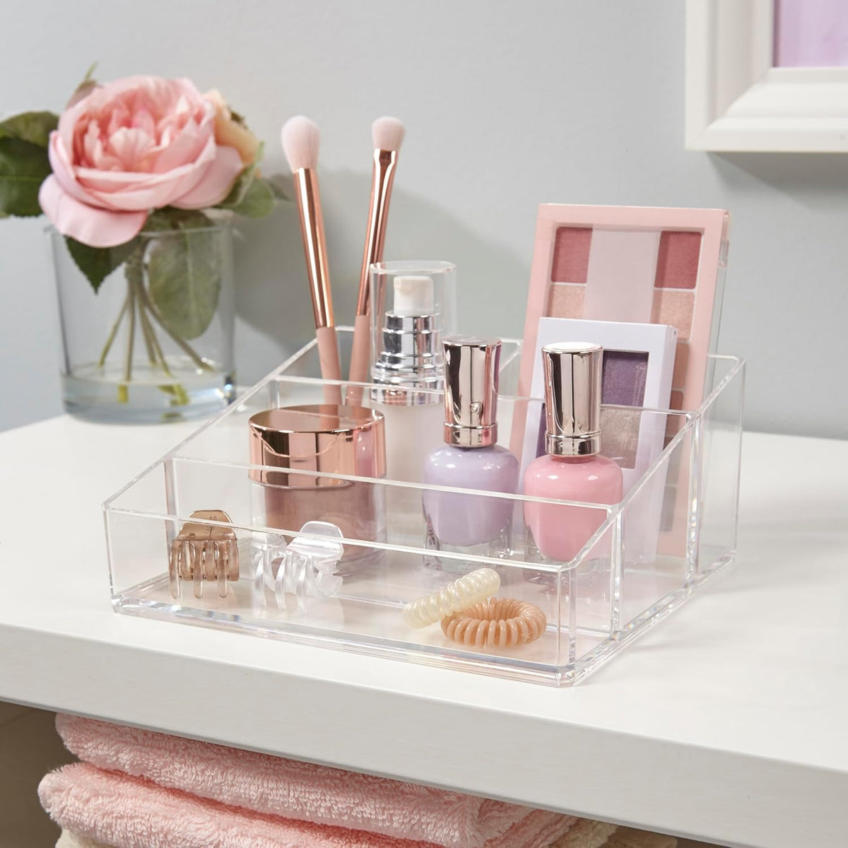 Clear Plastic Small Countertop Vanity Makeup Organizer, Compact Rectangular 4-Compartment Holder for Brushes, Eyeshadow Palettes, & Beauty Supplies, Made in USA