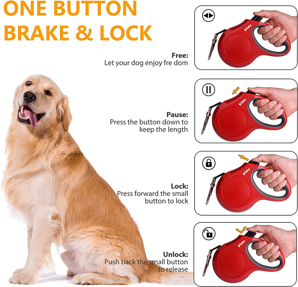 Retractable Dog Leash with Dispenser and Poop Bags, 16 Ft, Red | Pet Walking Leash for Medium Dog or Cat up to 44 Lbs, Anti-Slip Handle, Tangle Free, Reflective Nylon Tape