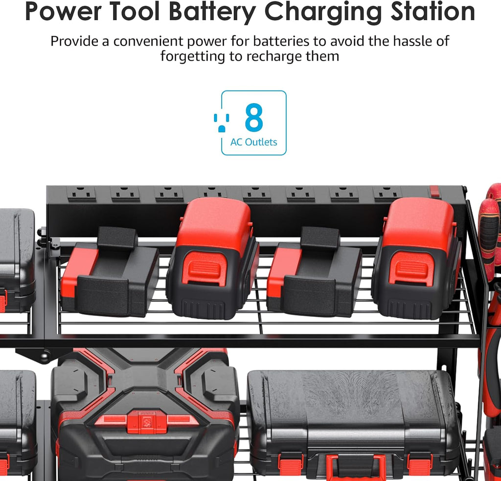 Large Garage Tools Storage with Charging Station. Power Tool Battery Organizer Utility Shelf with Power Strip. 4 Drills Holder Wall Mount Rack, Black 3 Layer.