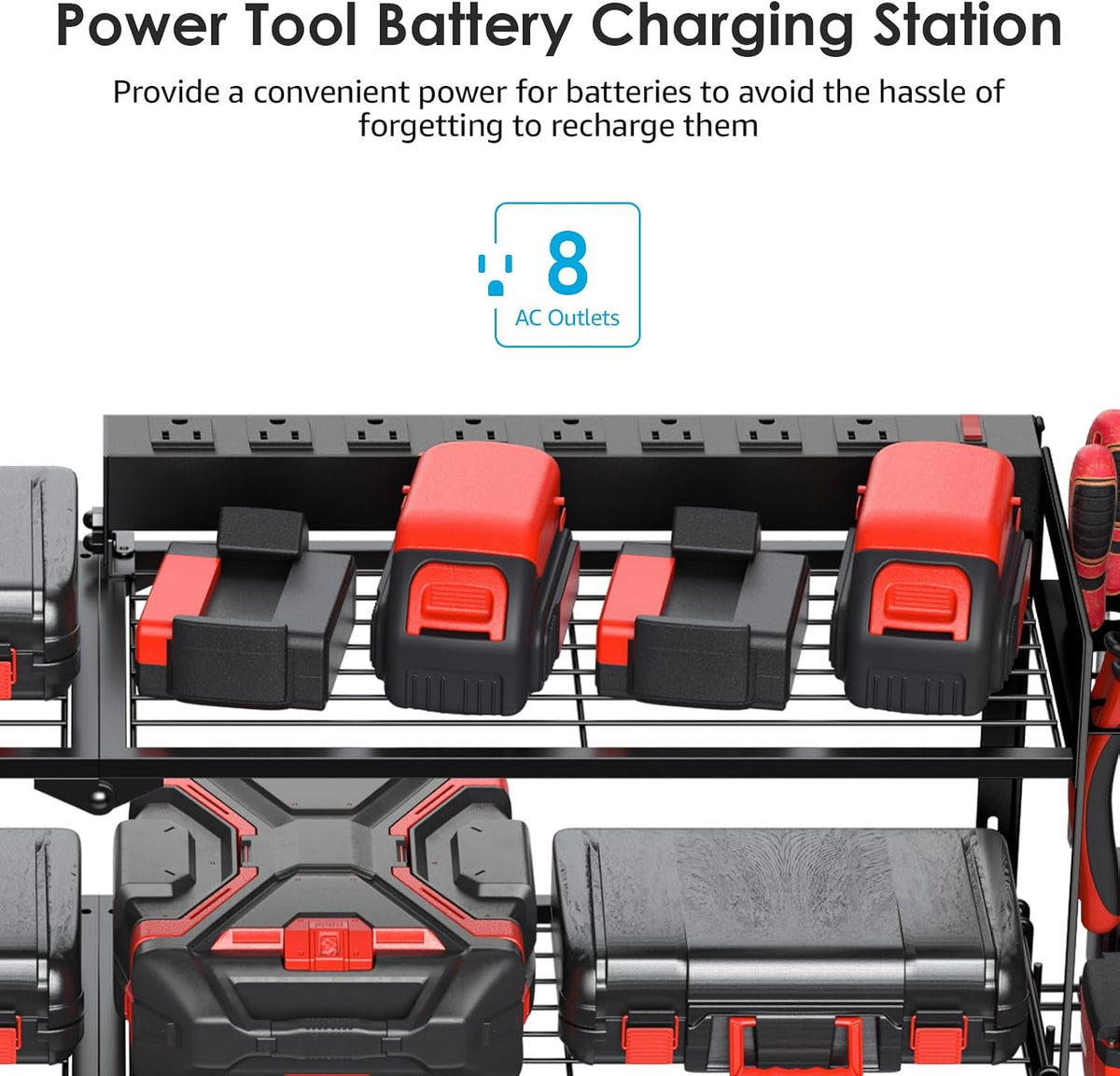 Large Garage Tools Storage with Charging Station. Power Tool Battery Organizer Utility Shelf with Power Strip. 4 Drills Holder Wall Mount Rack, Black 3 Layer.
