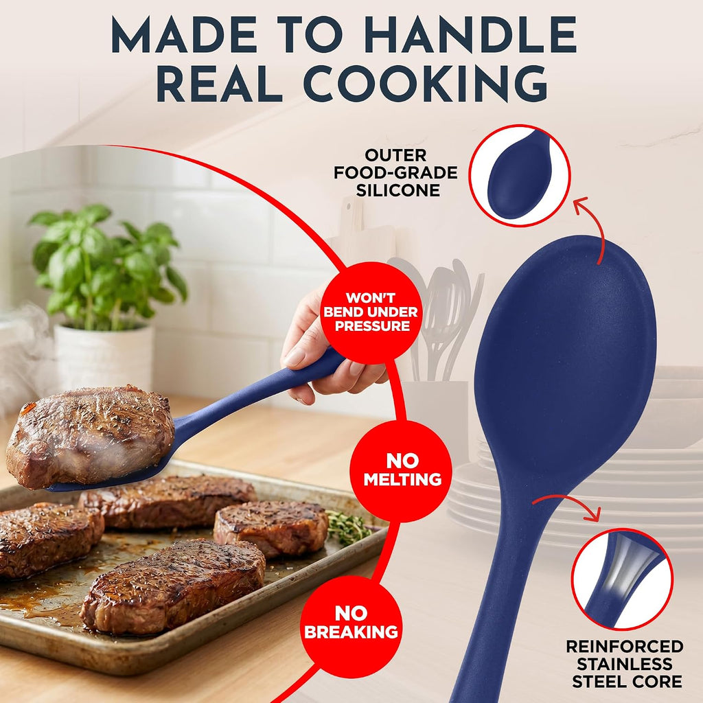 Blue Silicone Kitchen Utensils Set of 6, Non-Stick Heat-Resistant Silicone Kitchen Utensils Set with Steel Inner Core
