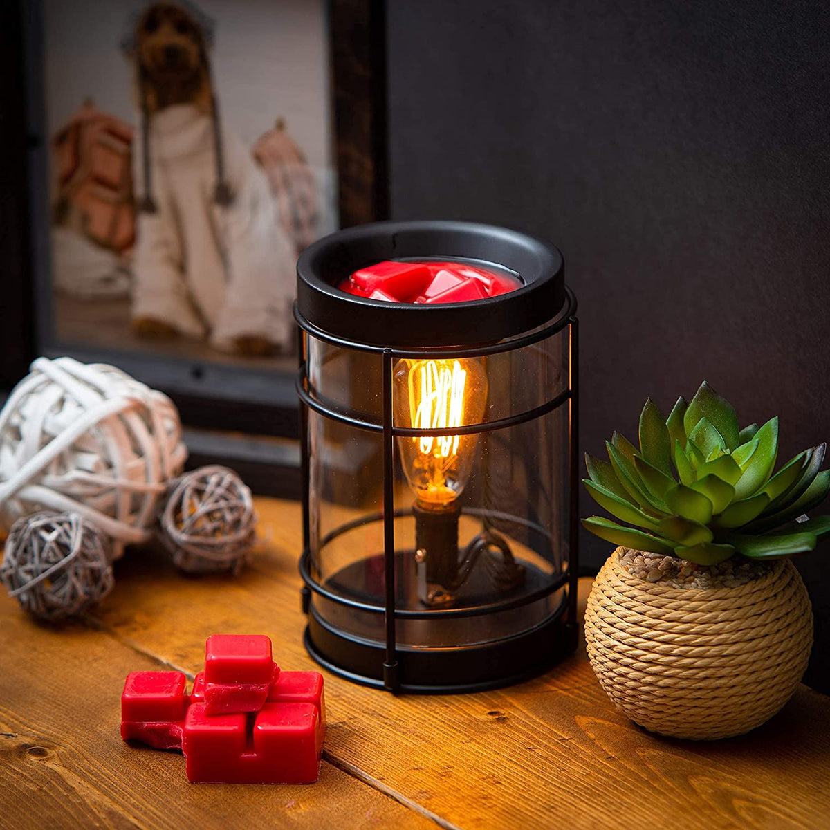 Vintage Bulb Electric Candle Warmer with Timer | Black Plug in Fragrance Warmer for Scented Wax Melts, Cubes, Tarts | Air Freshener Set for Rustic Home Décor, Office, Gifts