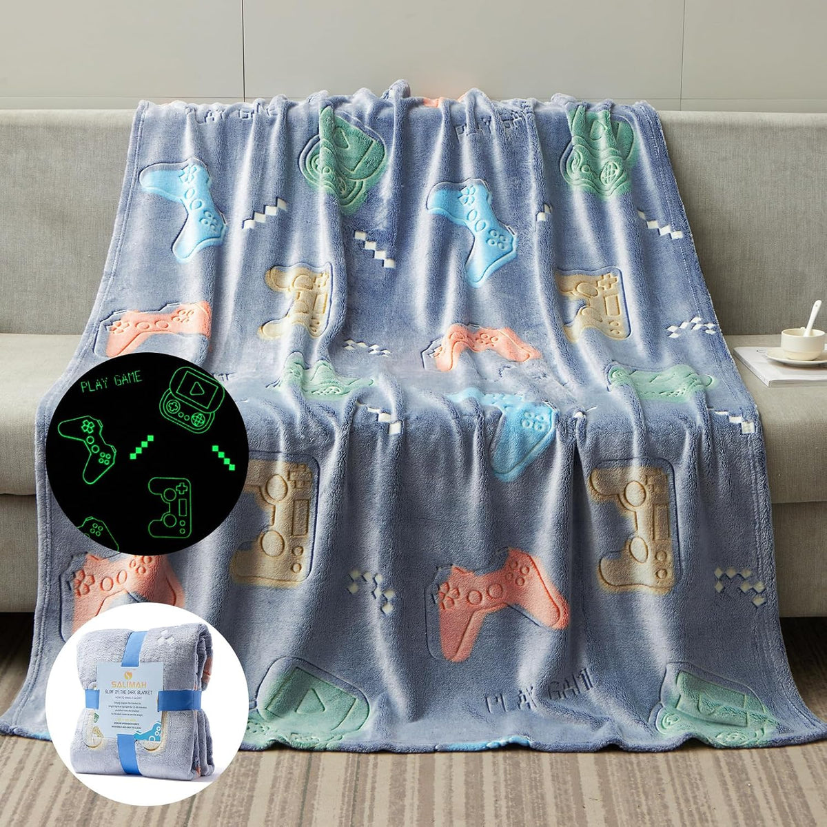 Glow in the Dark Blanket Gamer Controller Gifts for Boys,50"X60" | Gaming Gifts Toys for Teen Son Adult Gamepad Presents,Soft Kids Blankets Gifts for Grandkids Teens for Christmas Birthday