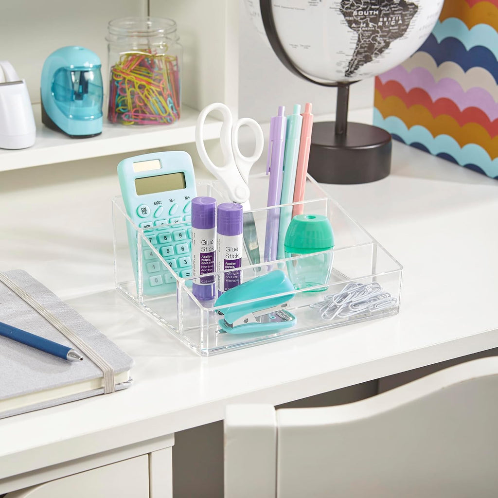 Clear Plastic Small Countertop Vanity Makeup Organizer, Compact Rectangular 4-Compartment Holder for Brushes, Eyeshadow Palettes, & Beauty Supplies, Made in USA