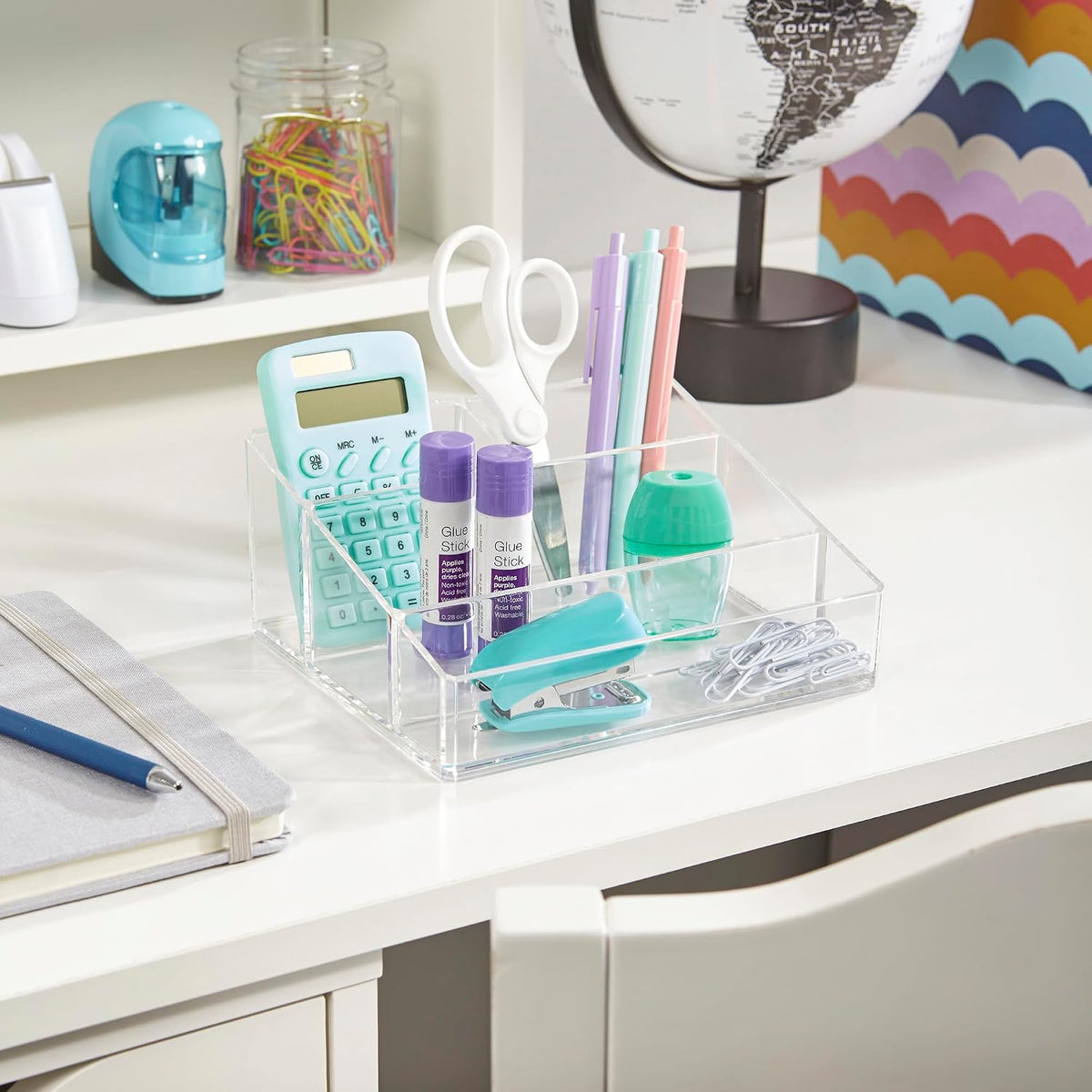 Clear Plastic Small Countertop Vanity Makeup Organizer, Compact Rectangular 4-Compartment Holder for Brushes, Eyeshadow Palettes, & Beauty Supplies, Made in USA