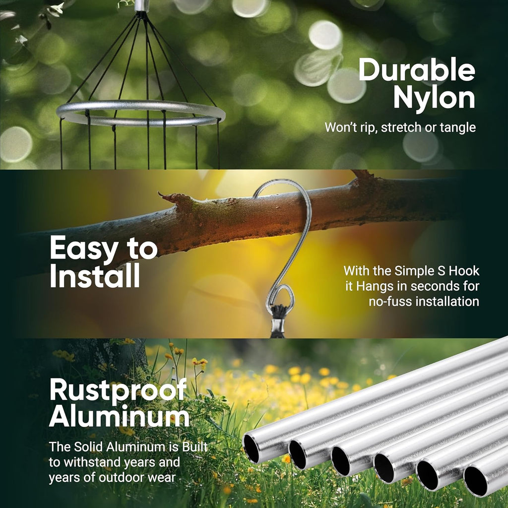 Nature’S Melody Aureole Tunes Wind Chimes – Outdoor Windchime with 6 Tubes Tuned to E Pentatonic Scale, 100% Rustproof Aluminum, Powder Finish & S Hook Hanger for Sympathy, Memorial Gift or Zen Garden