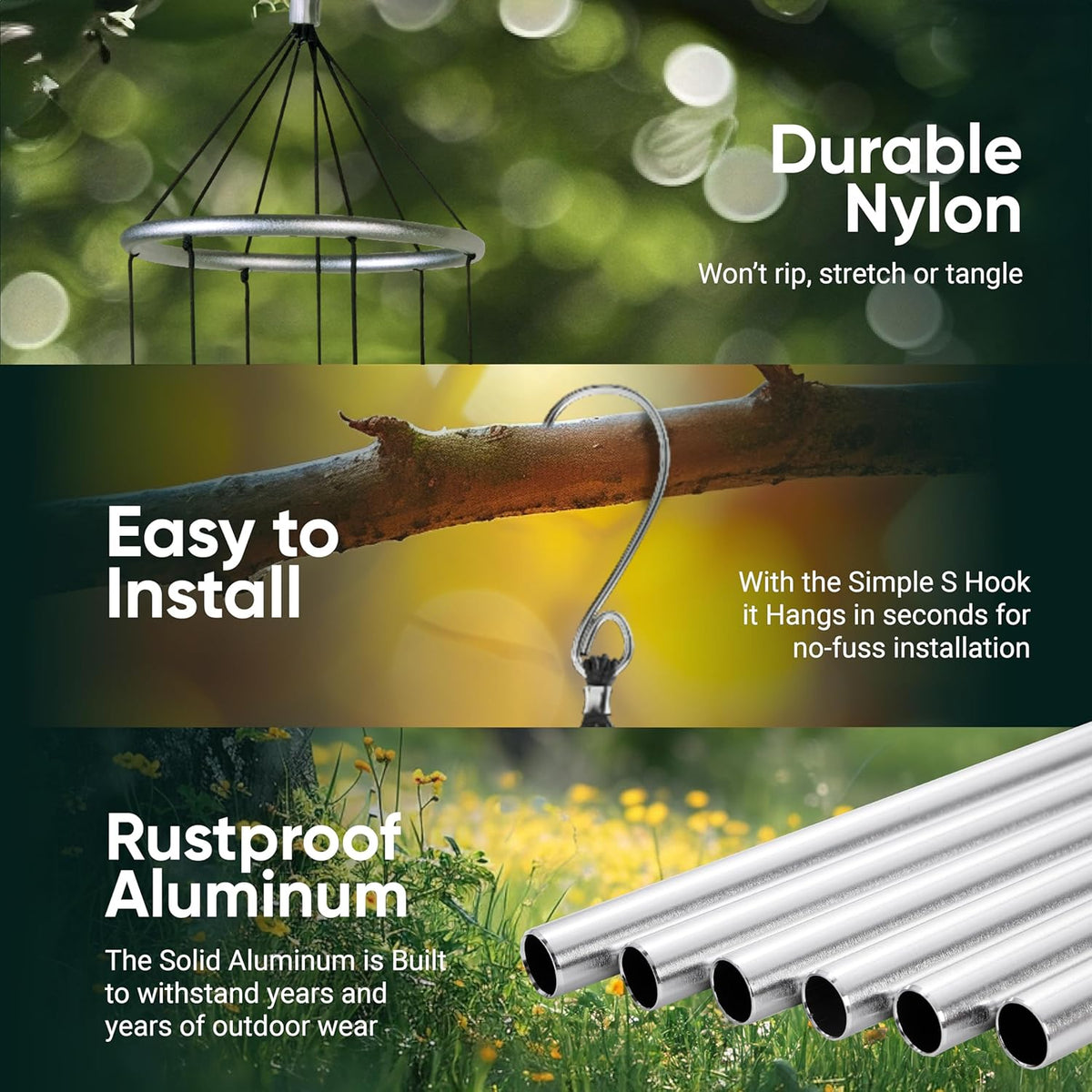 Nature’S Melody Aureole Tunes Wind Chimes – Outdoor Windchime with 6 Tubes Tuned to E Pentatonic Scale, 100% Rustproof Aluminum, Powder Finish & S Hook Hanger for Sympathy, Memorial Gift or Zen Garden