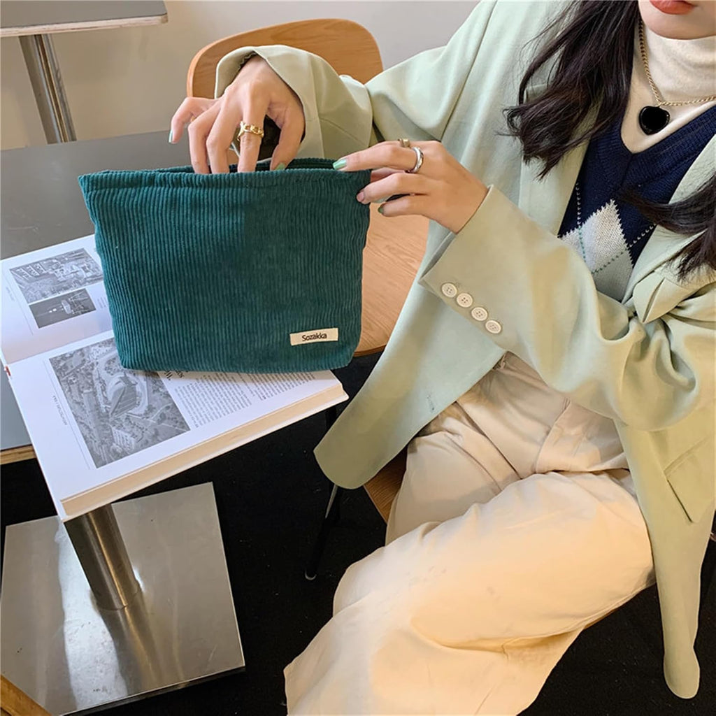 Cosmetic Bags for Women - Corduroy Cosmetic Bag Aesthetic Women Handbags Purses Smile Dots Makeup Organizer Storage Makeup Bag Girls Case Bags (Pure Dark Green)