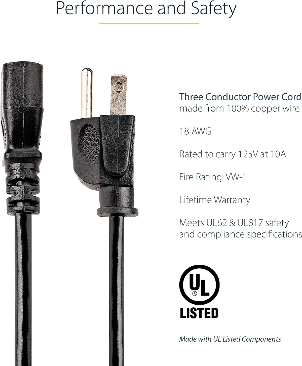 Startech.Com 12Ft (3.6M) Computer Power Cord, NEMA 5-15P to C13, 10A 125V, 18AWG, Black Replacement AC Power Cord, Printer Power Cord, PC Power Supply Cable, Monitor Power Cable - UL Listed (PXT10112) | NEMA 5-15P to C13, UL Listed, Monitor Power Cable, Black Replacement AC Power Cord, Printer Power Cord, PC Power Supply Cable