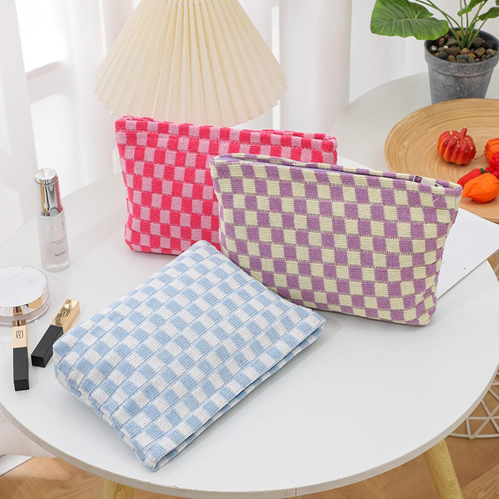 Cosmetic Bags for Women - Corduroy Cosmetic Bag Aesthetic Women Handbags Purses Smile Dots Makeup Organizer Storage Makeup Bag Girls Case Bags (Q-Checkered Light Green)