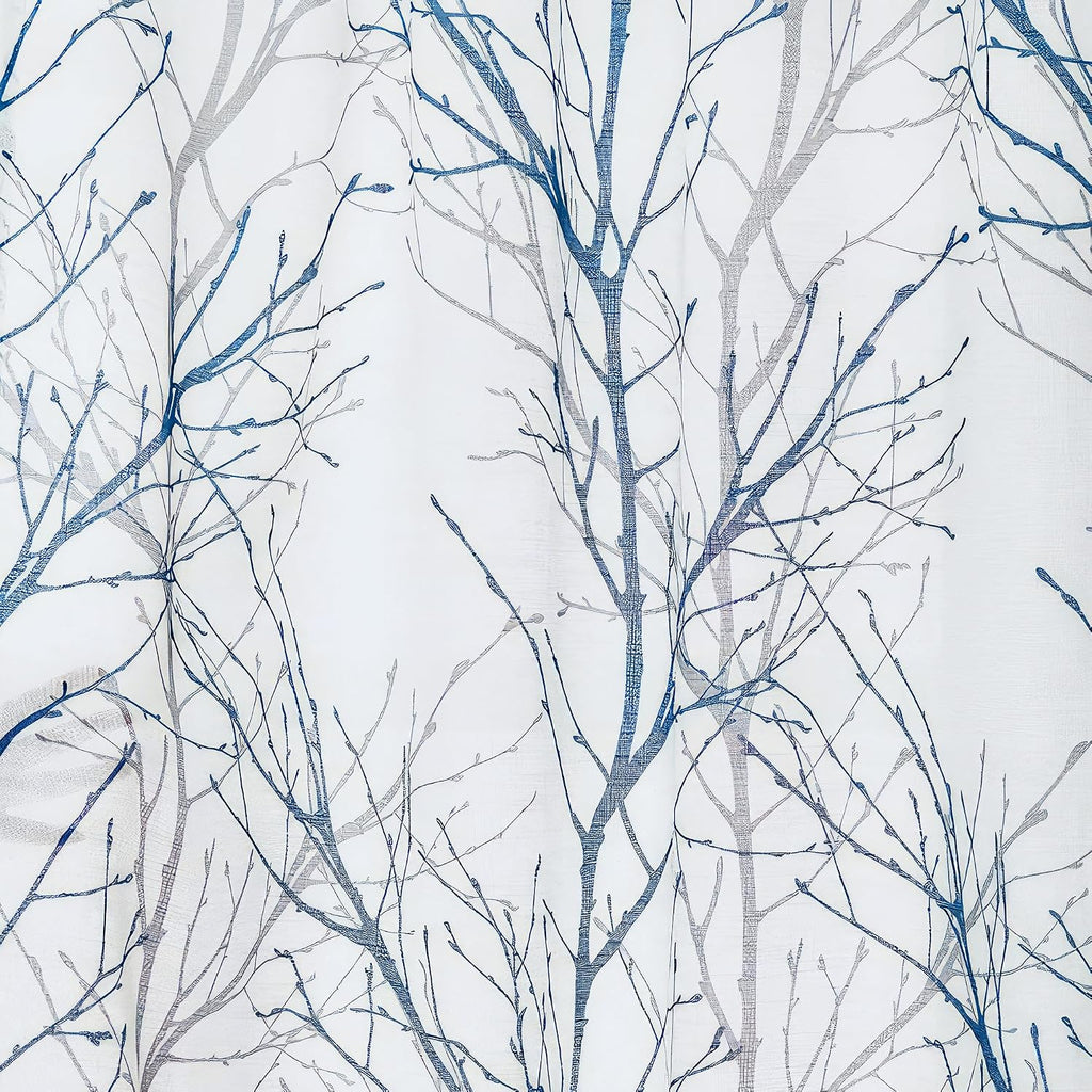 Blue Kitchen Valance Curtain for Living Room Grey Branch Print on Linen Texture Look Window Valance for Bedroom Rod Pocket Window Treatment 1 Panel, 50 X 18 Inches