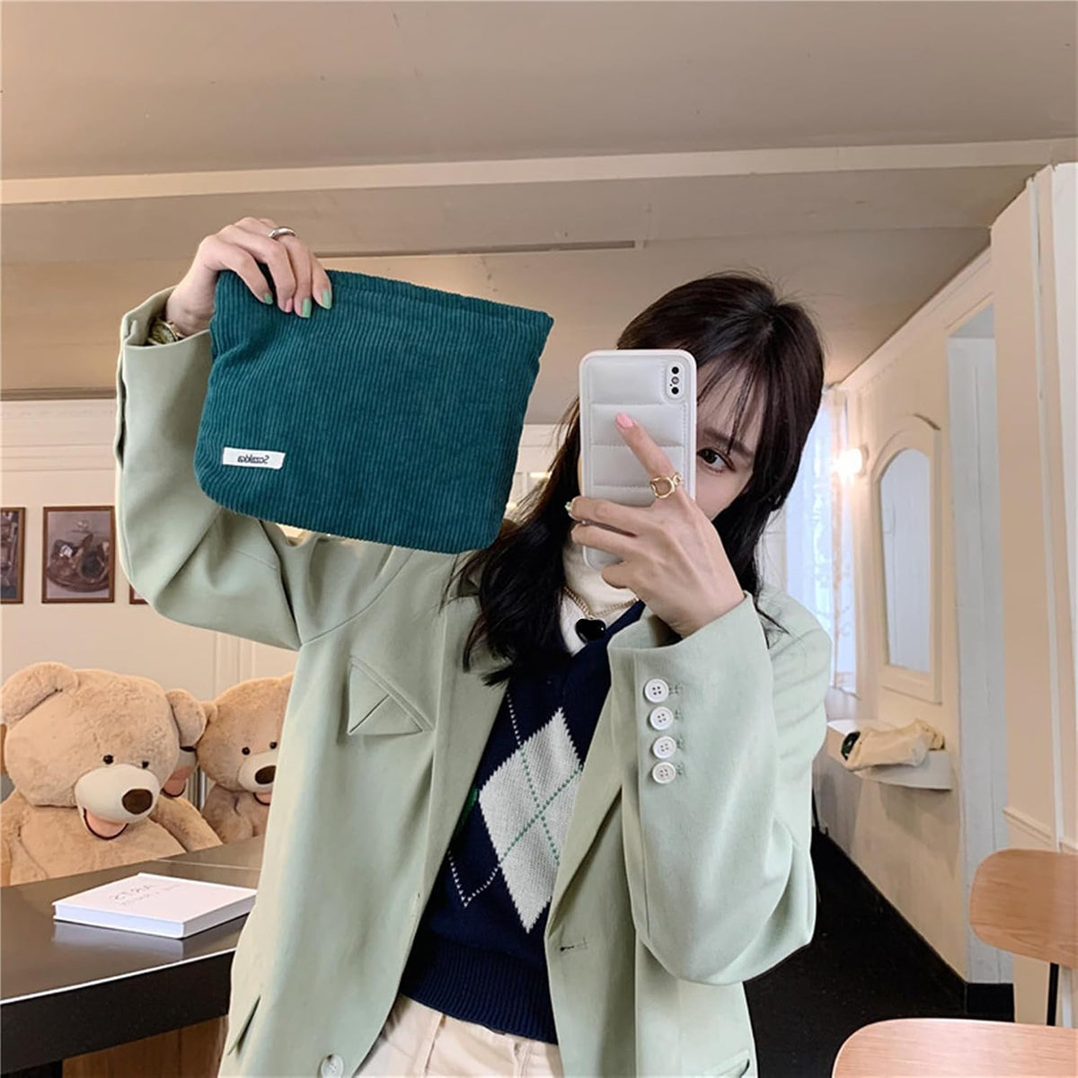 Cosmetic Bags for Women - Corduroy Cosmetic Bag Aesthetic Women Handbags Purses Smile Dots Makeup Organizer Storage Makeup Bag Girls Case Bags (Pure Dark Green)
