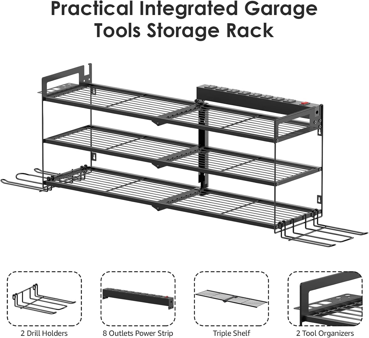 Large Garage Tools Storage with Charging Station. Power Tool Battery Organizer Utility Shelf with Power Strip. 4 Drills Holder Wall Mount Rack, Black 3 Layer.