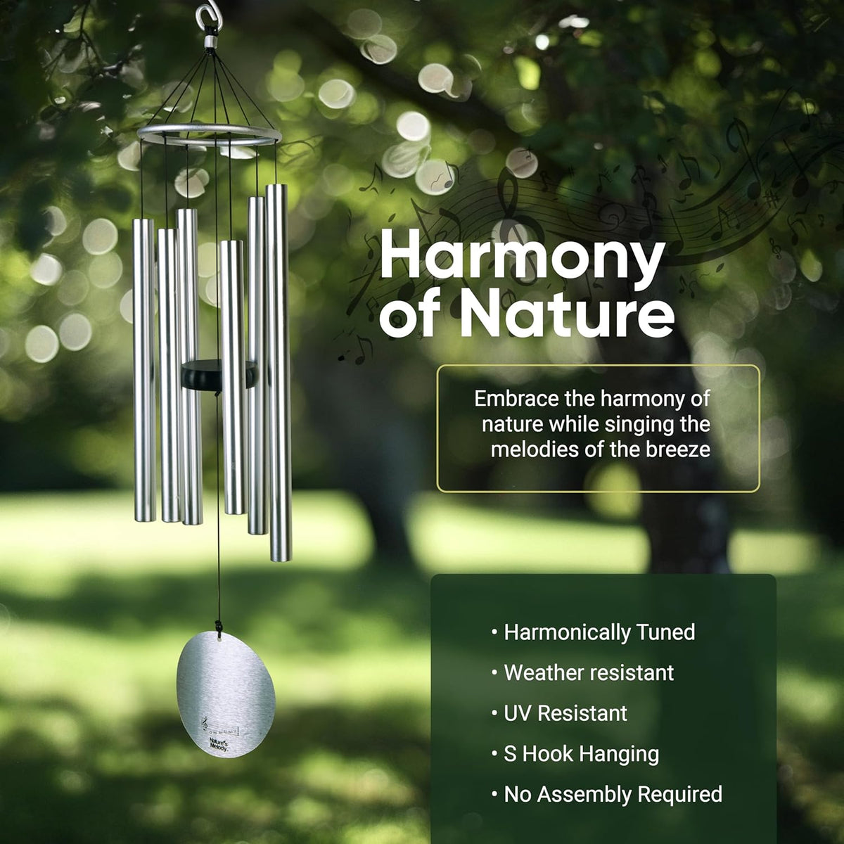 Nature’S Melody Aureole Tunes Wind Chimes – Outdoor Windchime with 6 Tubes Tuned to E Pentatonic Scale, 100% Rustproof Aluminum, Powder Finish & S Hook Hanger for Sympathy, Memorial Gift or Zen Garden