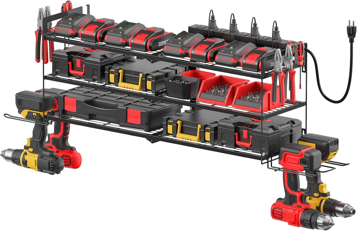 Large Garage Tools Storage with Charging Station. Power Tool Battery Organizer Utility Shelf with Power Strip. 4 Drills Holder Wall Mount Rack, Black 3 Layer.