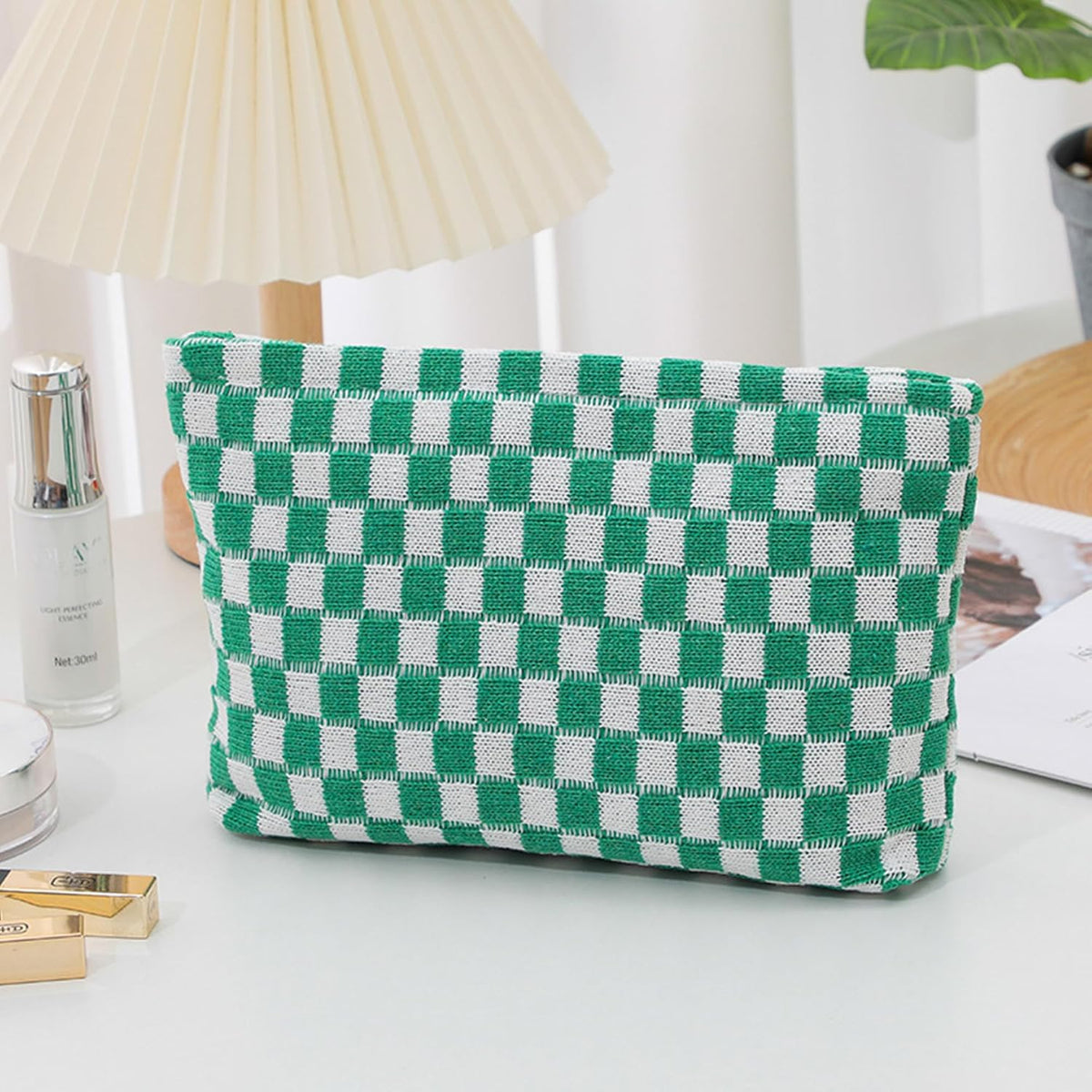 Cosmetic Bags for Women - Corduroy Cosmetic Bag Aesthetic Women Handbags Purses Smile Dots Makeup Organizer Storage Makeup Bag Girls Case Bags (Q-Checkered Green)