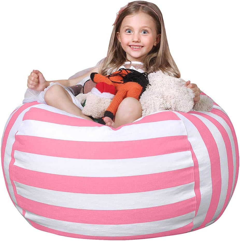 Stuffed Animal Storage Bean Bag Chair Cover for Kids | Stuffable Zipper Beanbag for Organizing Children Plush Toys Large Premium Cotton Canvas (Pink, X-Large)