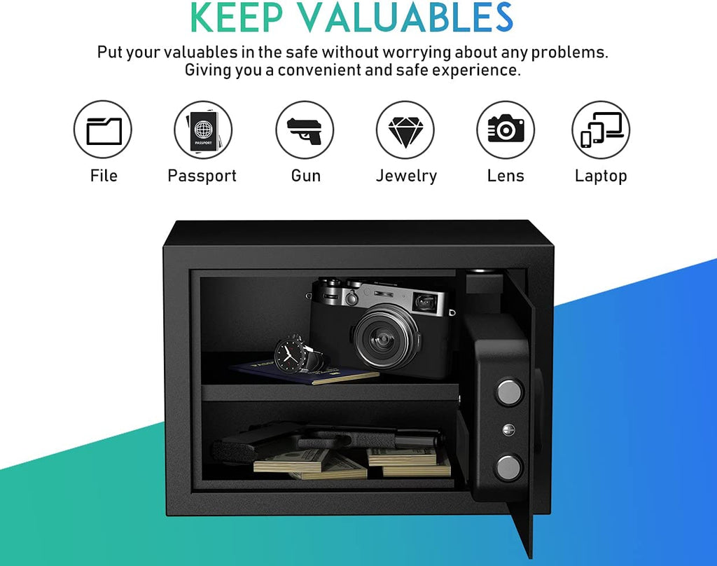 Small Home Safe Box,Personal Safe,Mini Money Safes for Home,0.5 Cuft | Digital Cash Safe with Keys,Electronic Code Lock,Steel Alloy Safe for Documents,Home,Office,Hotel,Business,Jewelry