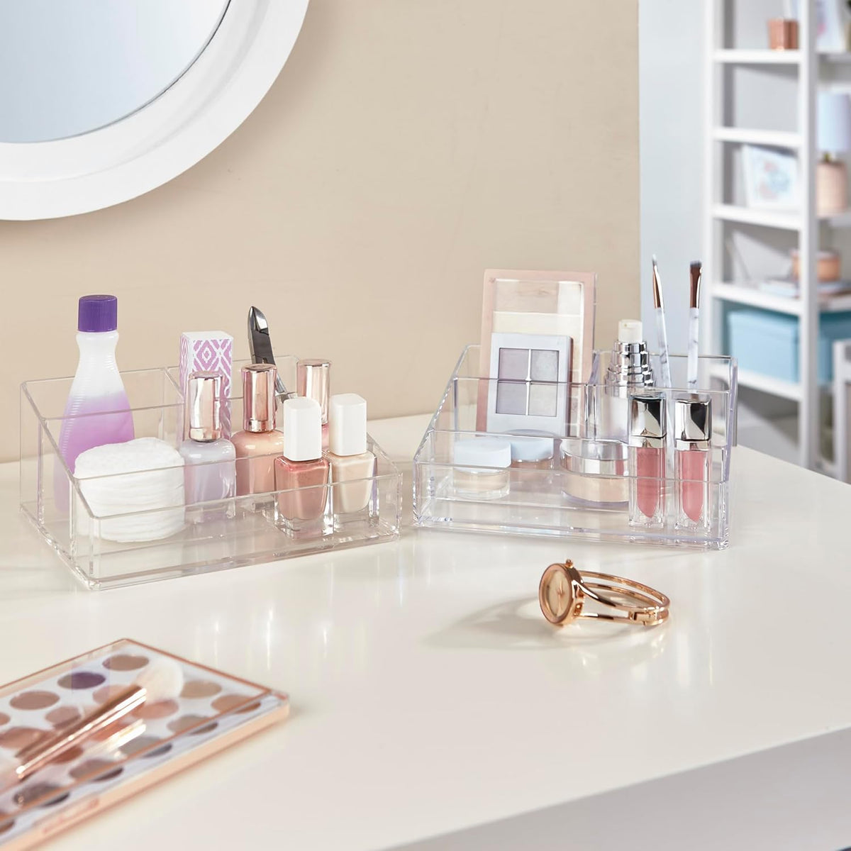Clear Plastic Small Countertop Vanity Makeup Organizer, Compact Rectangular 4-Compartment Holder for Brushes, Eyeshadow Palettes, & Beauty Supplies, Made in USA