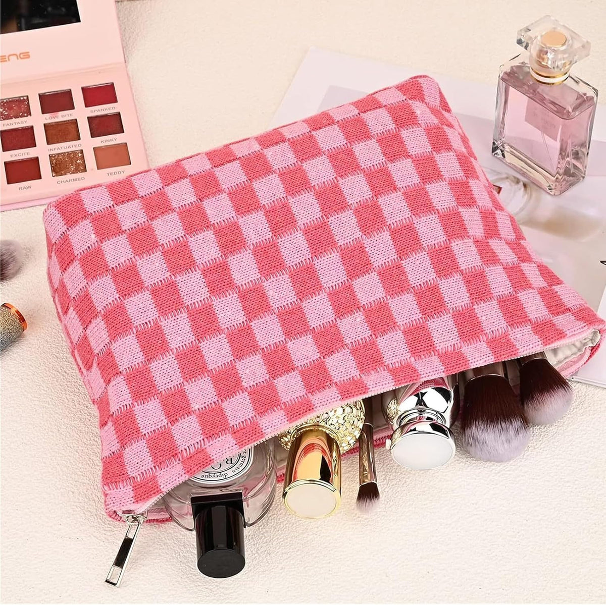 Cosmetic Bags for Women - Corduroy Cosmetic Bag Aesthetic Women Handbags Purses Smile Dots Makeup Organizer Storage Makeup Bag Girls Case Bags (Q-Checkered Light Green)