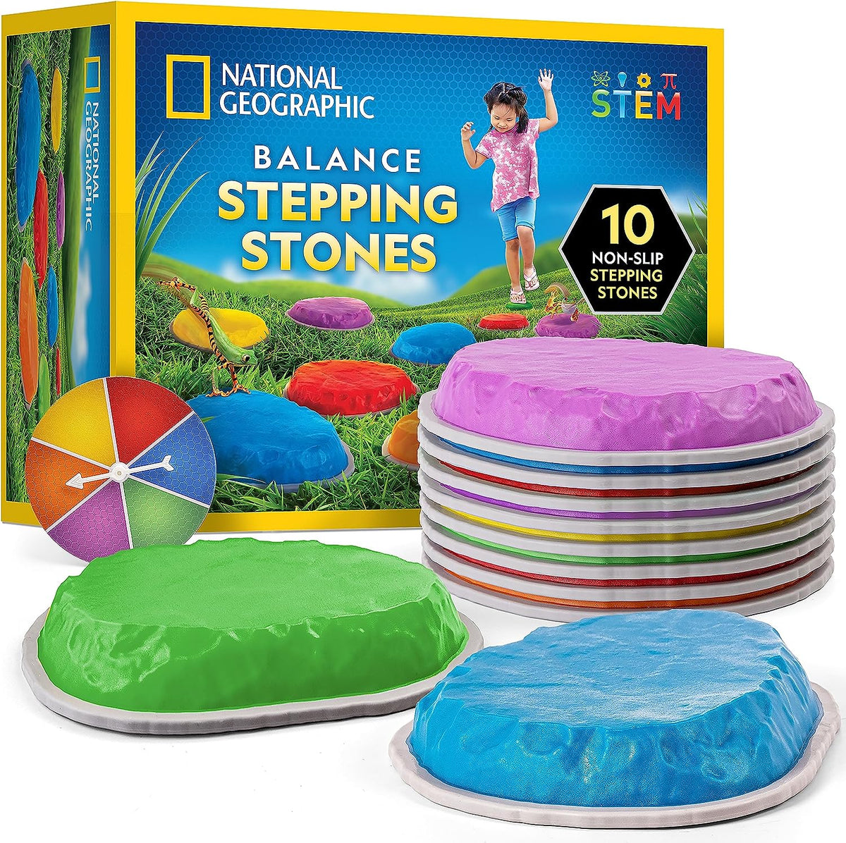 National Geographic 10-Piece Balance Stepping Stones Set for Kids | Durable Non-Slip Design, Indoor Outdoor Obstacle Course, Coordination and Gross Motor Skills, Toddler Active Play
