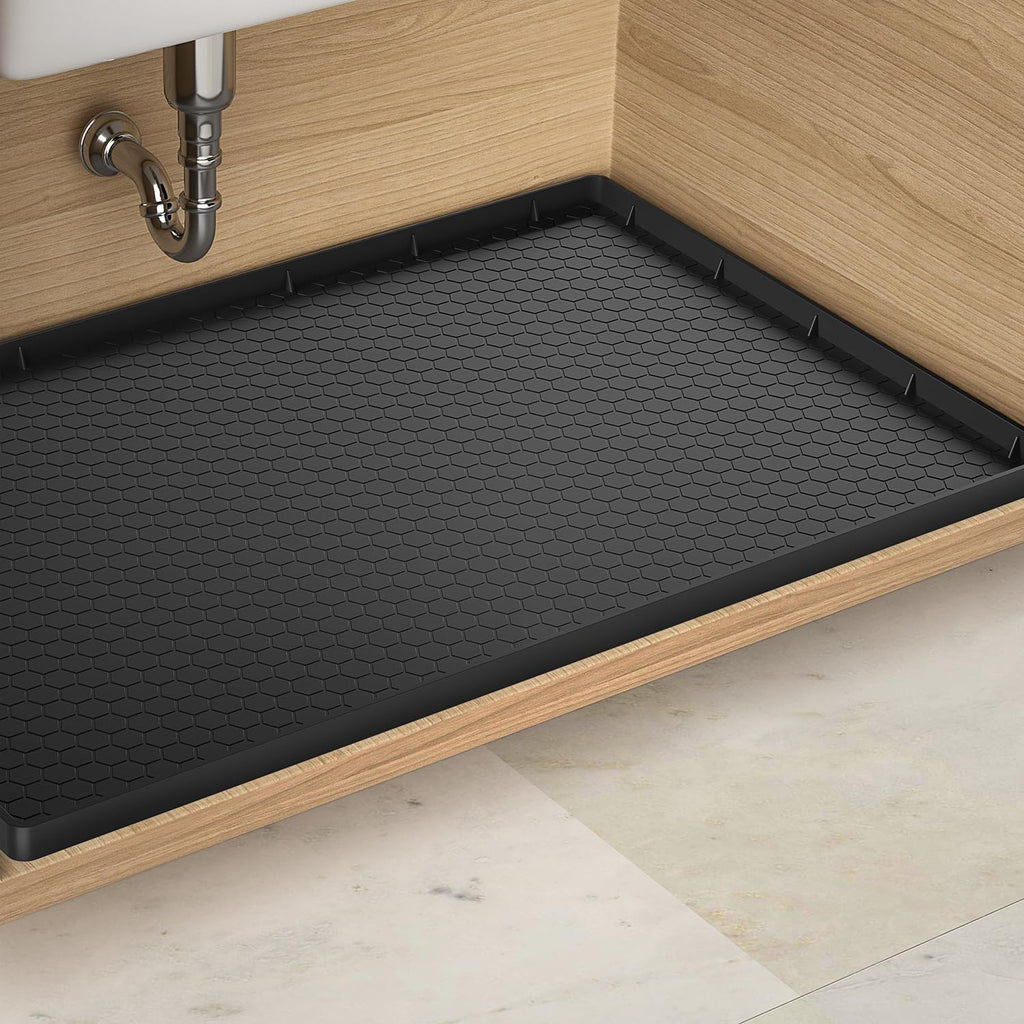Under Sink Mat - 31" X 22" Waterproof Kitchen Cabinet Mat - Flexible Silicone under Sink Liner - Kitchen Bathroom Cabinet Mat and Protector for Drips Leaks Spills (Black)
