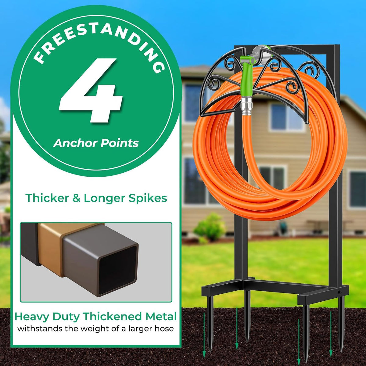 Garden Hose Holder, Heavy Duty Stand for 160FT Hose with 4 Spikes | Thick Metal Frame, 250 Lbs Load Capacity, Dual-Layer Powder Coating for Outdoor Durability, Nozzle Grooves, Easy Assembly