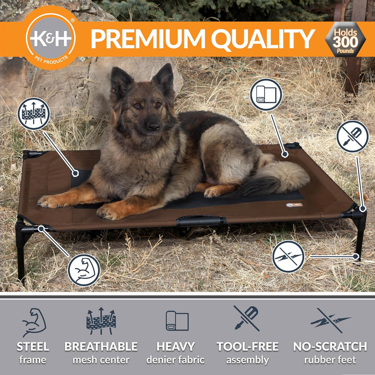 K&H Outdoor Elevated Dog Bed, Cooling Raised Dog Bed, Chocolate, XL 50X32In | Cool Comfort Outdoors, X-Large Dog Cot with Hammock Support, Washable Dog Bed, Metal Frame, Quick-Dry Mesh