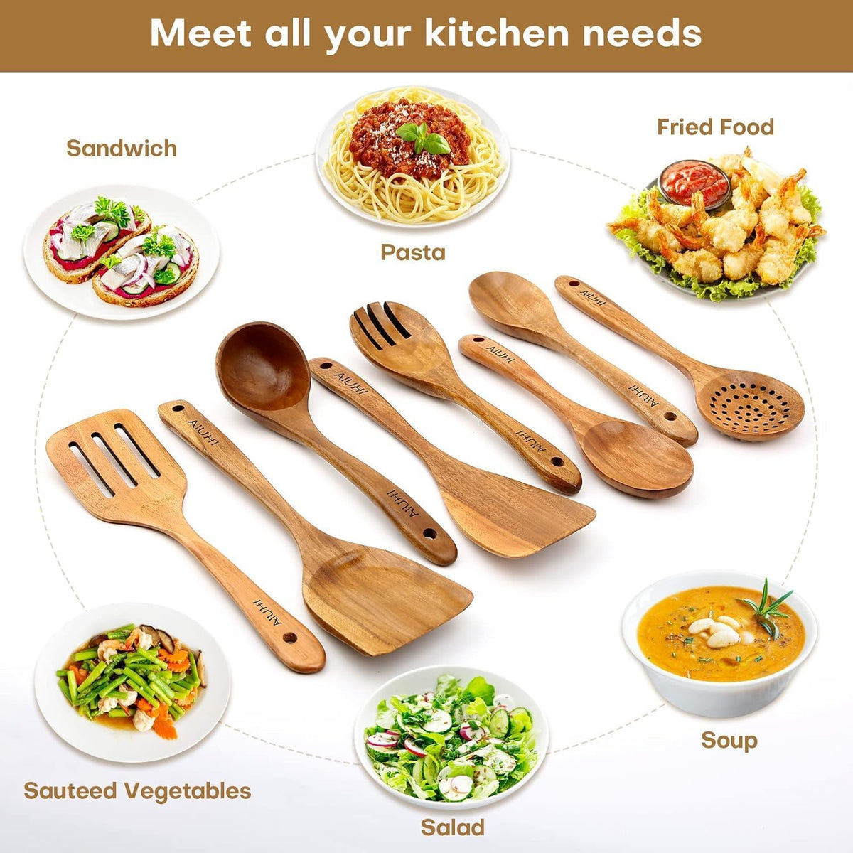 Teak Wood 8-Piece Wooden Kitchen Utensils Set, Wooden Spoons for Cooking, Smooth Wood Spatula Set for Nonstick Cookware, Daily Cooking, Housewarming Gift