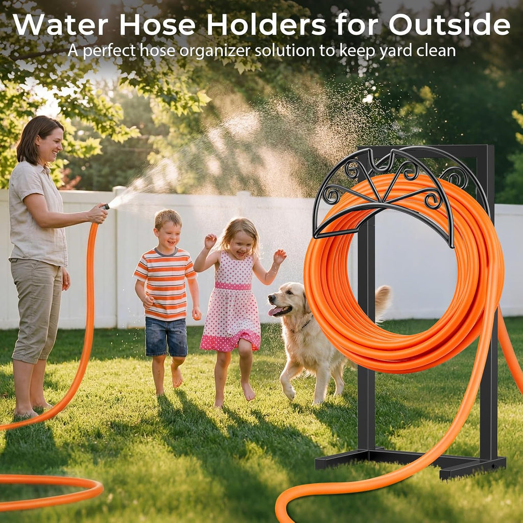 Garden Hose Holder, Heavy Duty Stand for 160FT Hose with 4 Spikes | Thick Metal Frame, 250 Lbs Load Capacity, Dual-Layer Powder Coating for Outdoor Durability, Nozzle Grooves, Easy Assembly