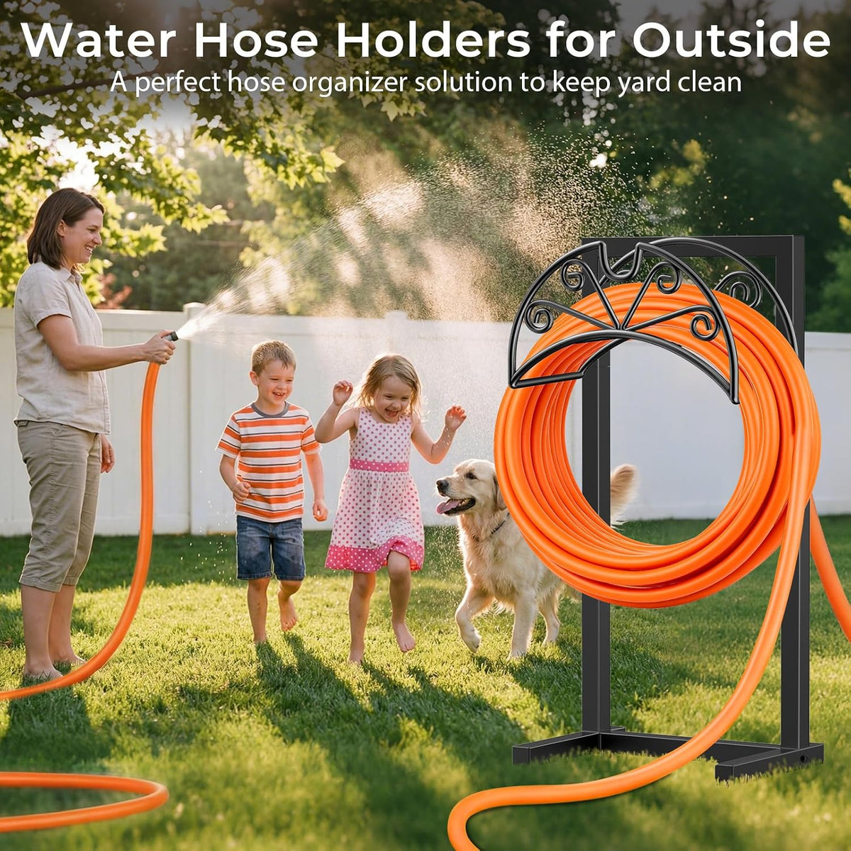 Garden Hose Holder, Heavy Duty Stand for 160FT Hose with 4 Spikes | Thick Metal Frame, 250 Lbs Load Capacity, Dual-Layer Powder Coating for Outdoor Durability, Nozzle Grooves, Easy Assembly