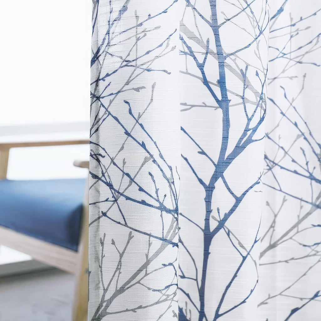 Blue Kitchen Valance Curtain for Living Room Grey Branch Print on Linen Texture Look Window Valance for Bedroom Rod Pocket Window Treatment 1 Panel, 50 X 18 Inches