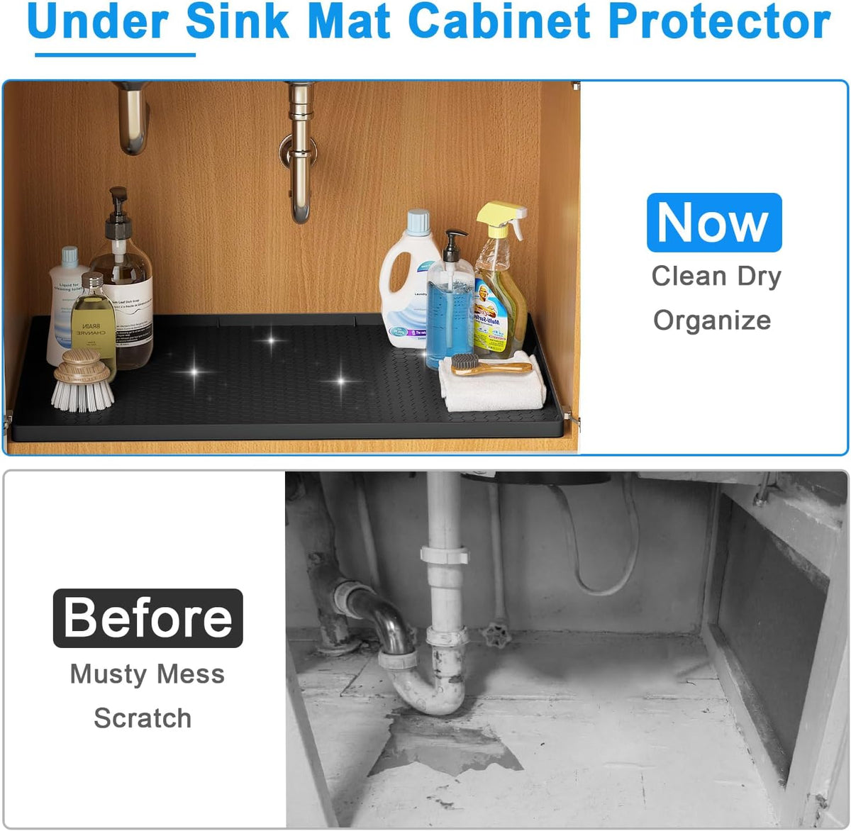 Under Sink Mat - 31" X 22" Waterproof Kitchen Cabinet Mat - Flexible Silicone under Sink Liner - Kitchen Bathroom Cabinet Mat and Protector for Drips Leaks Spills (Black)