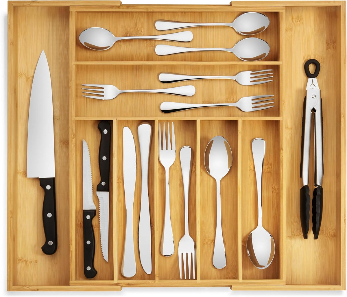 Bamboo Drawer Organizer - Expandable Silverware Organizer & Utensil Drawer Organizer, Cutlery Tray with Dividers, 7-9 Slots- Kitchen Organizer for Utensils & Flatware (Natural)