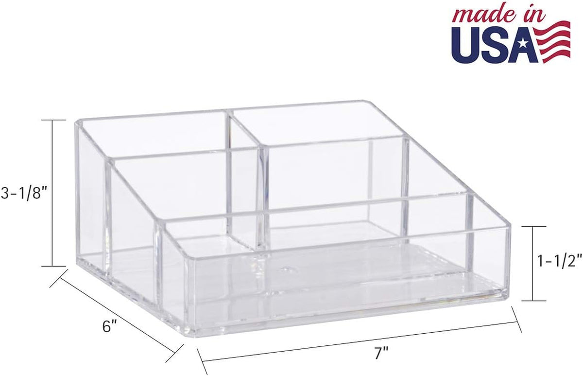 Clear Plastic Small Countertop Vanity Makeup Organizer, Compact Rectangular 4-Compartment Holder for Brushes, Eyeshadow Palettes, & Beauty Supplies, Made in USA