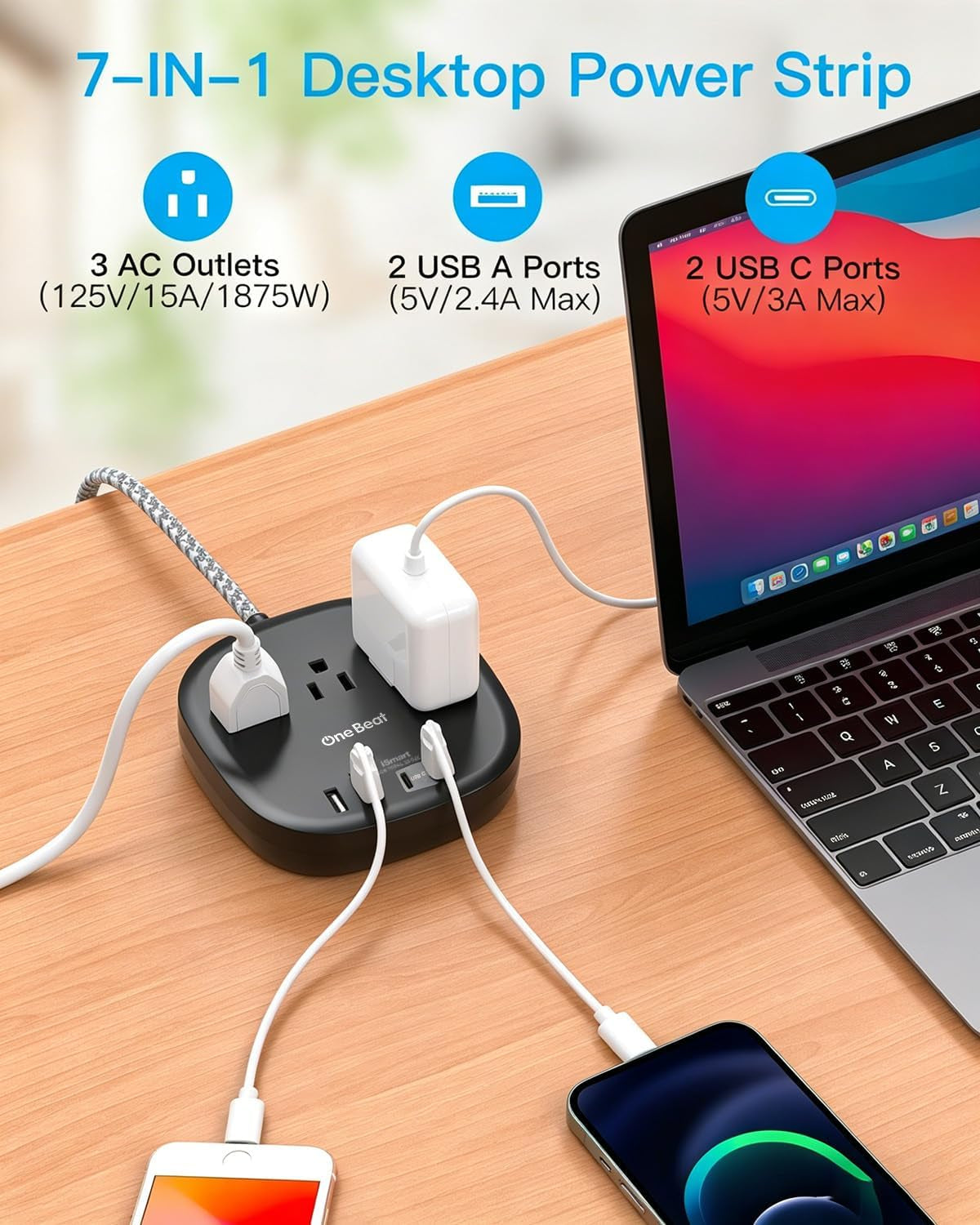 Cruise Ship Travel Essentials, 22.5W/4.5A Flat Plug Power Strip, Black | 6Ft Extension Cord, 3 Outlets 4 USB Ports (2 USB C) Cruise Approved Power Strip No Surge Protection, Desktop Charging Station