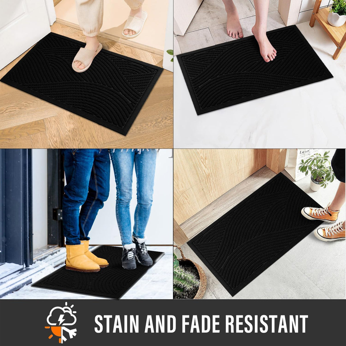 Sturdy Front Door Mat, Absorbent Muddy Dirt Resist Welcome Door Mats Outdoor Indoor, Stain and Fade Resistant, Non-Slip Backing Entry Mat Low Profile Doormat for Entryway, 60×36, Black