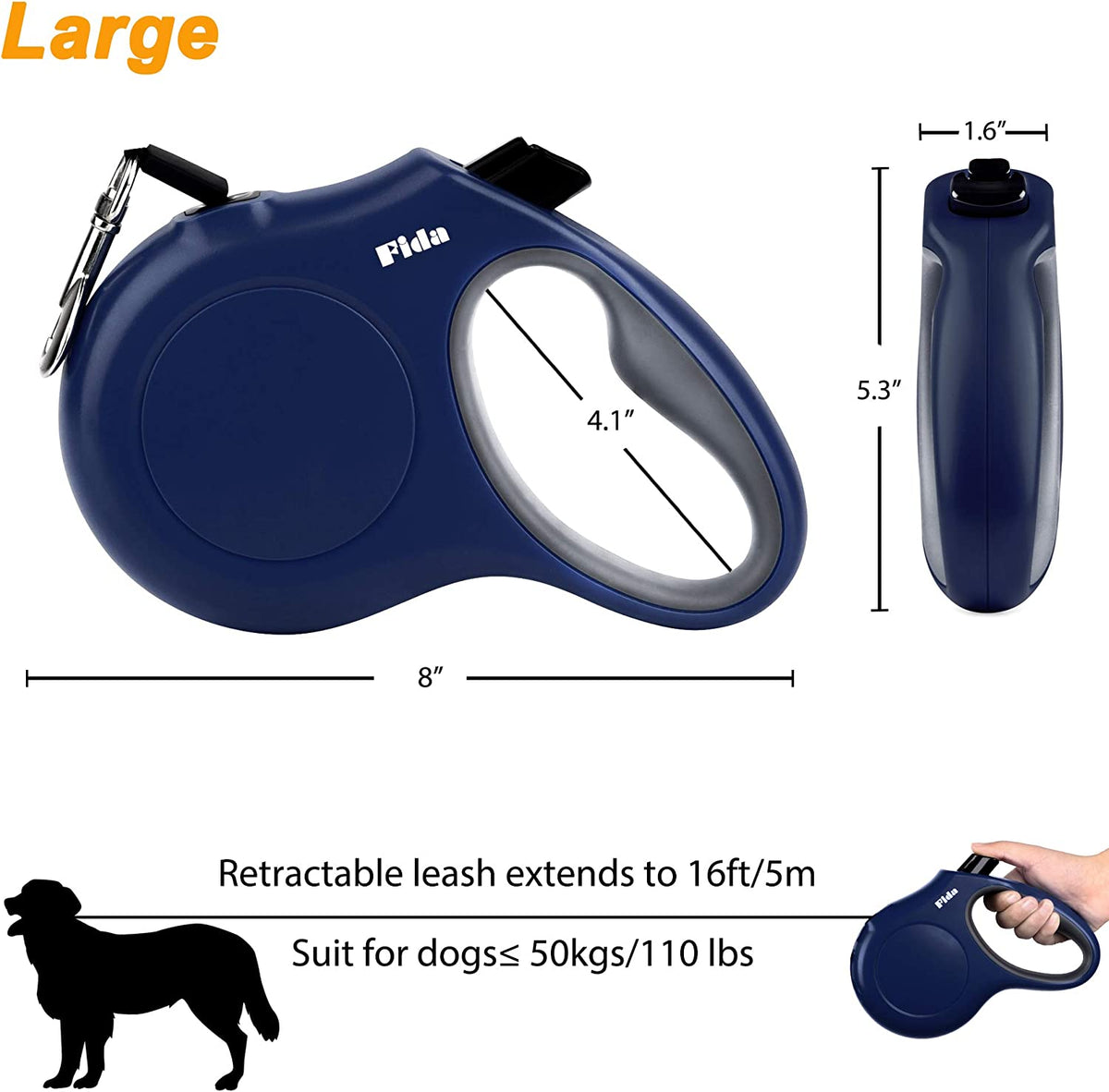 Retractable Dog Leash with Dispenser and Poop Bags,16 Ft, Navy Blue | Pet Walking Leash for Large Dog up to 110 Lbs, Anti-Slip Handle, Tangle Free, Reflective Nylon Tape