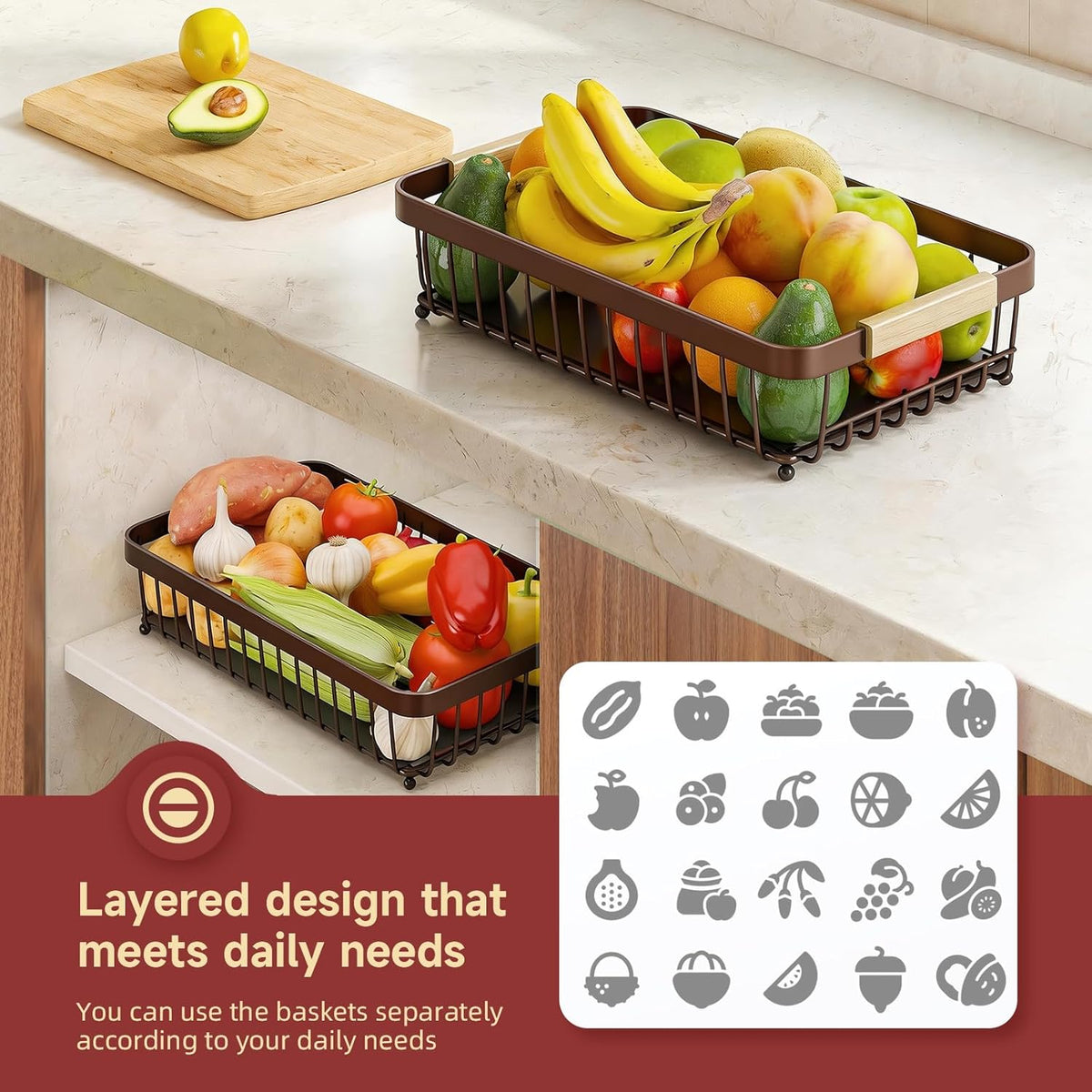 2-Tier Fruit Basket with Banana Hangers, Detachable Metal Bowl | Wooden Handle, Protective Mats Included. Versatile Holder for Bread, Snacks, and Veggies. Extra Large 2 Tier Metal Design.