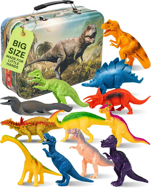Dinosaur Toys - 12 Realistic 9-Inch Models with Storage Box | 12 Realistic 9In Dinosaur Figures - Multi-Color - Metal Box - Use for Kids Ages 3-7, Boys, Girls & Gifts