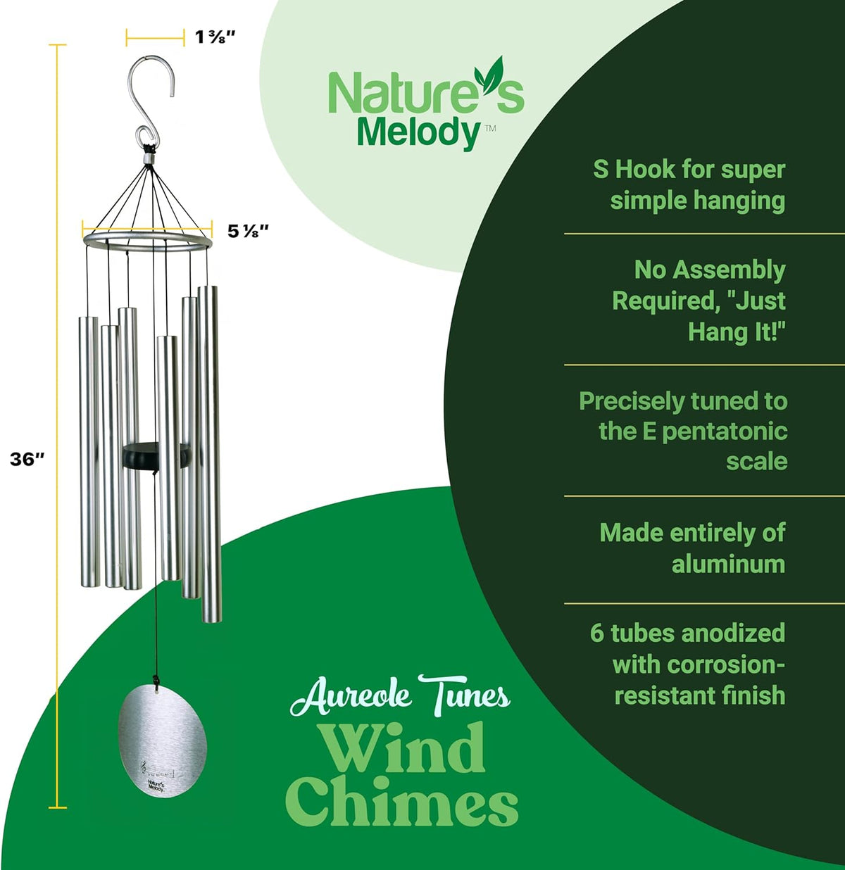 Nature’S Melody Aureole Tunes Wind Chimes – Outdoor Windchime with 6 Tubes Tuned to E Pentatonic Scale, 100% Rustproof Aluminum, Powder Finish & S Hook Hanger for Sympathy, Memorial Gift or Zen Garden