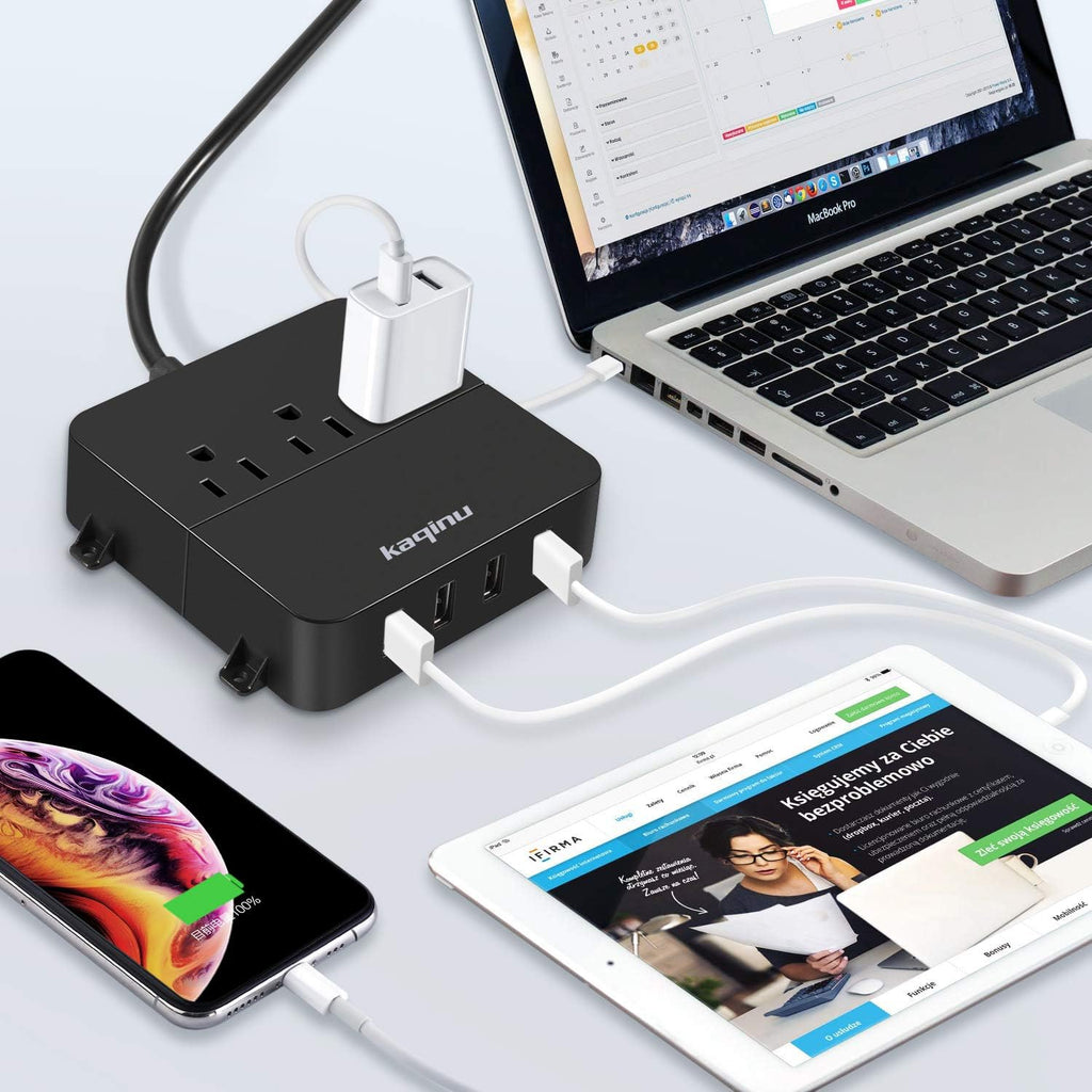 Power Strip with USB - Wall Mountable Power Strip with 4 USB Ports & 3 Outlets with On/Off Switch & 5Ft Extension Cord for Cruise Ship, Travel, Hotel, Office (Black)