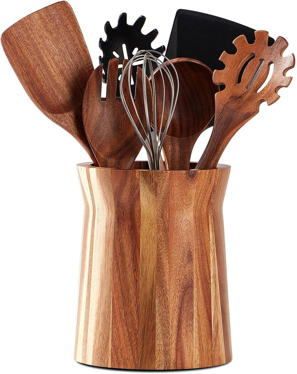 Wooden Utensil Holder for Countertop, 360° Rotating Kitchen Utensil Holder, 7.2"X 6" Large Acacia Wood Crock, Farmhouse Kitchen Decor