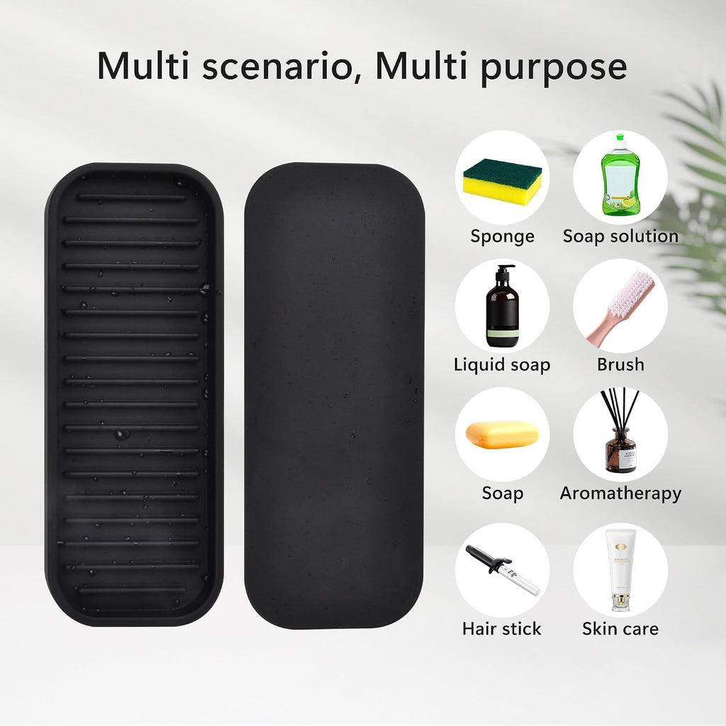 Silicone Sponge Holder for Kitchen Sink - Kitchen Soap Tray & Sponge Tray | Silicone Soap Dish, Soap Holder, Dish Sponge Holder Dish Scrubber, Soap Dispenser Tray, Kitchen Sink Organizer, 2 Pack Black